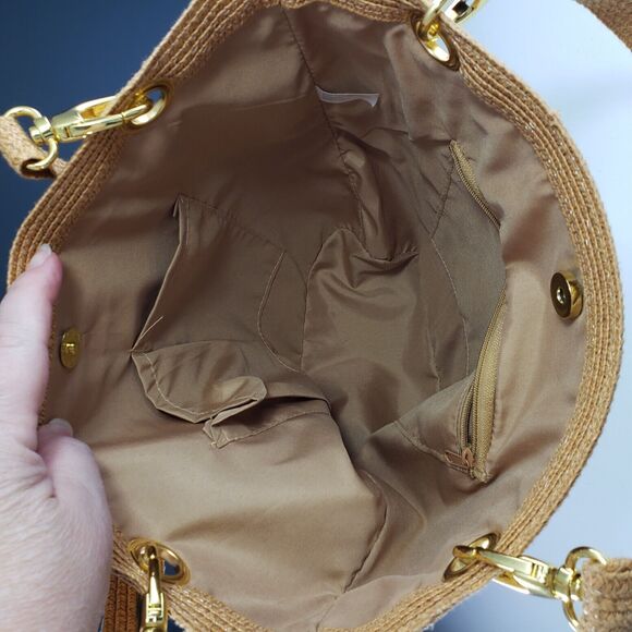 Woven Paper Straw w Metal Trim Purse Tote Beach Bag Green Pink Tan Footed Lined - Picture 7 of 11